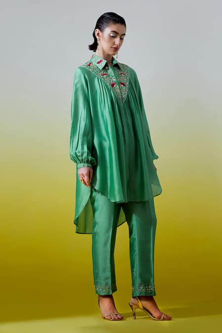 Buy_Anantaa By Roohi_Green Chanderi Silk Embroidery, Sequins Collared Shirt With Pant _Online_at_Aza_Fashions