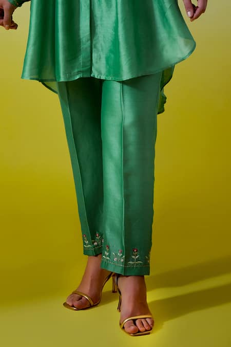 Shop_Anantaa By Roohi_Green Chanderi Silk Embroidery, Sequins Collared Shirt With Pant _Online_at_Aza_Fashions