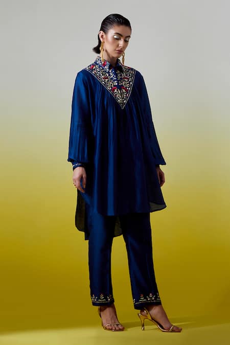 Anantaa By Roohi_Blue Chanderi Silk Embroidery, Sequins Collared Shirt With Pant _Online_at_Aza_Fashions