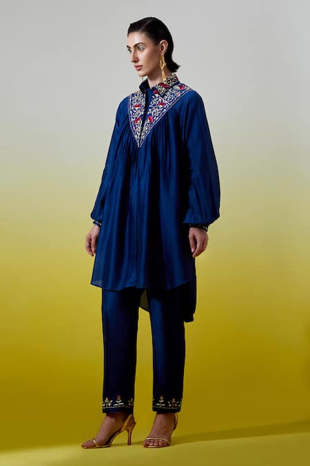 Buy_Anantaa By Roohi_Blue Chanderi Silk Embroidery, Sequins Collared Shirt With Pant _Online_at_Aza_Fashions