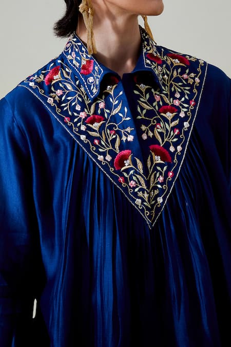 Shop_Anantaa By Roohi_Blue Chanderi Silk Embroidery, Sequins Collared Shirt With Pant _Online_at_Aza_Fashions