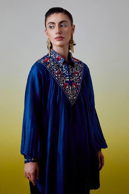 Anantaa By Roohi_Blue Chanderi Silk Embroidery, Sequins Collared Shirt With Pant _at_Aza_Fashions