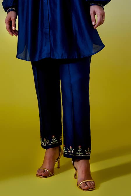 Buy_Anantaa By Roohi_Blue Chanderi Silk Embroidery, Sequins Collared Shirt With Pant 