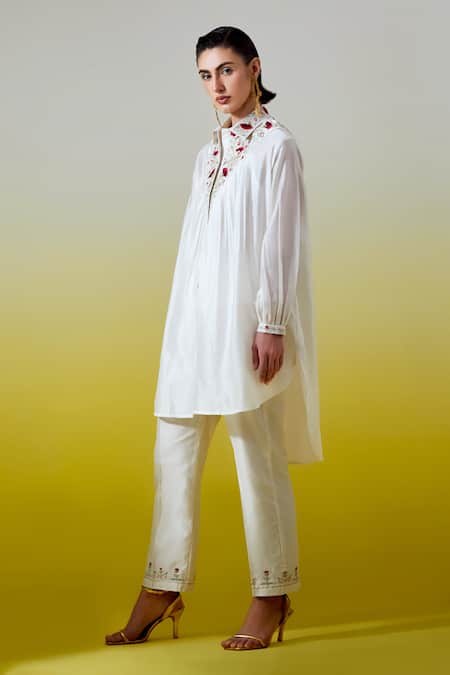 Anantaa By Roohi_Off White Silk, Silk, Embroidery, Pintuck Shirt With Pant _Online_at_Aza_Fashions