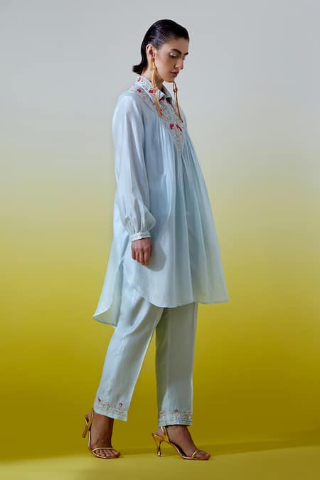 Buy Anantaa By Roohi Blue Chanderi Silk Sequins, Embroidery Collared, V-neck Pintuck Shirt With Pant Online at Aza Fashions Buy_Anantaa By Roohi_Blue Chanderi Silk Sequins, Embroidery Collared, V-neck Pintuck Shirt With Pant _Online_at_Aza_Fashions