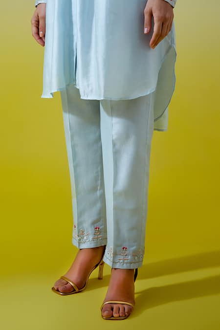 Anantaa By Roohi Blue Chanderi Silk Sequins, Embroidery Collared, V-neck Pintuck Shirt With Pant at Aza Fashions Anantaa By Roohi_Blue Chanderi Silk Sequins, Embroidery Collared, V-neck Pintuck Shirt With Pant _at_Aza_Fashions