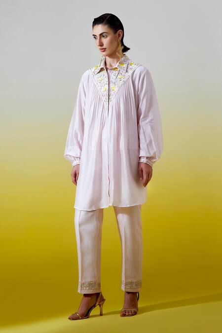 Anantaa By Roohi_Pink Organza, Chanderi , Embroidery, Pintuck Shirt With Pant _Online_at_Aza_Fashions