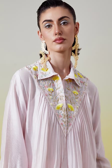 Anantaa By Roohi_Pink Organza, Chanderi , Embroidery, Pintuck Shirt With Pant _at_Aza_Fashions