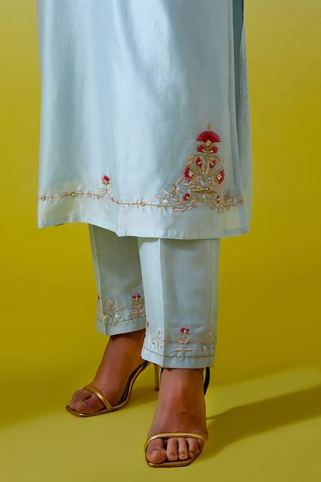 Anantaa By Roohi Blue Chanderi Silk Embroidery, Sequins Notched Neck Kurta And Pant Set Online at Aza Fashions Anantaa By Roohi_Blue Chanderi Silk Embroidery, Sequins Notched Neck Kurta And Pant Set _Online_at_Aza_Fashions