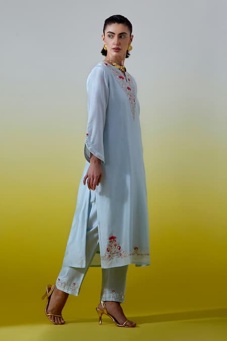 Buy Anantaa By Roohi Blue Chanderi Silk Embroidery, Sequins Notched Neck Kurta And Pant Set Online at Aza Fashions Buy_Anantaa By Roohi_Blue Chanderi Silk Embroidery, Sequins Notched Neck Kurta And Pant Set _Online_at_Aza_Fashions