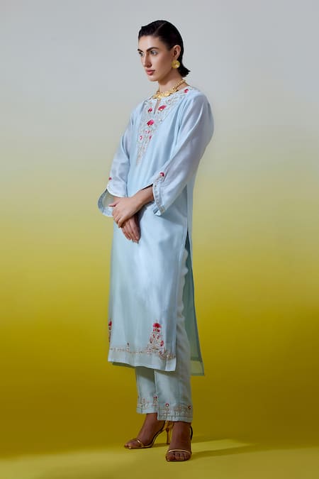 Shop Anantaa By Roohi Blue Chanderi Silk Embroidery, Sequins Notched Neck Kurta And Pant Set Online at Aza Fashions Shop_Anantaa By Roohi_Blue Chanderi Silk Embroidery, Sequins Notched Neck Kurta And Pant Set _Online_at_Aza_Fashions