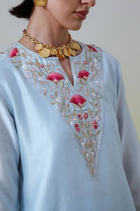 Buy Anantaa By Roohi Blue Chanderi Silk Embroidery, Sequins Notched Neck Kurta And Pant Set Buy_Anantaa By Roohi_Blue Chanderi Silk Embroidery, Sequins Notched Neck Kurta And Pant Set