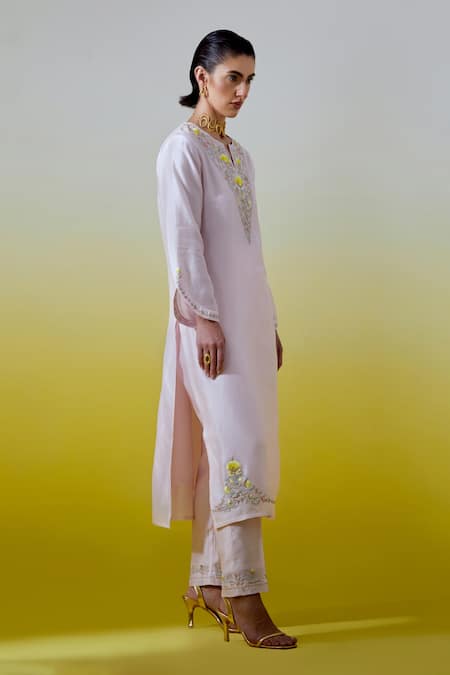Anantaa By Roohi Pink Chanderi Silk Embroidery, Sequins Notched Neck Kurta And Pant Set Online at Aza Fashions Anantaa By Roohi_Pink Chanderi Silk Embroidery, Sequins Notched Neck Kurta And Pant Set _Online_at_Aza_Fashions