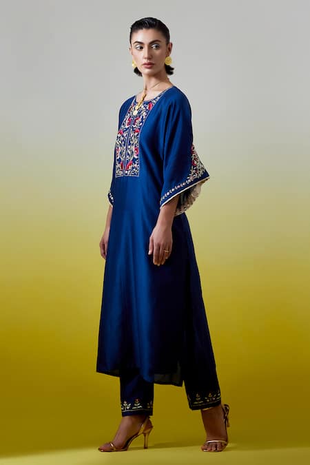 Anantaa By Roohi_Blue Chanderi Silk Sequins, Embroidery Round Neck Kaftan Kurta And Pant Set _at_Aza_Fashions
