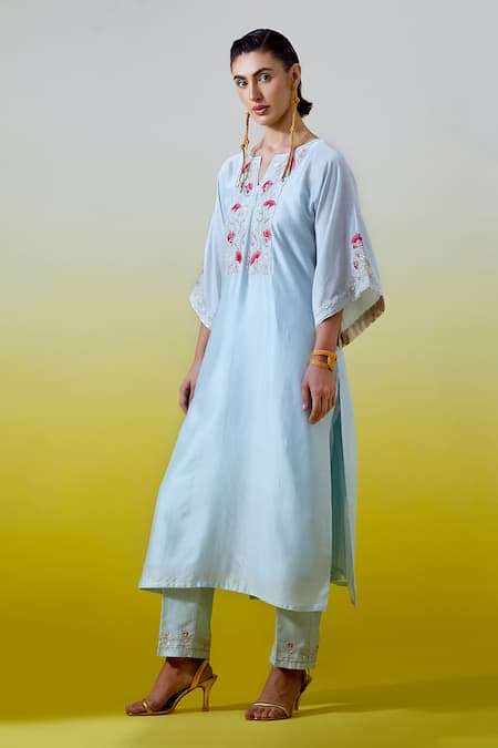 Buy Anantaa By Roohi Blue Chanderi Silk Sequins, Embroidery Split V-neck Kaftan Kurta With Pant Online at Aza Fashions Buy_Anantaa By Roohi_Blue Chanderi Silk Sequins, Embroidery Split V-neck Kaftan Kurta With Pant _Online_at_Aza_Fashions