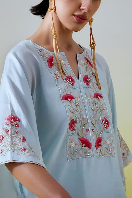 Shop Anantaa By Roohi Blue Chanderi Silk Sequins, Embroidery Split V-neck Kaftan Kurta With Pant Online at Aza Fashions Shop_Anantaa By Roohi_Blue Chanderi Silk Sequins, Embroidery Split V-neck Kaftan Kurta With Pant _Online_at_Aza_Fashions
