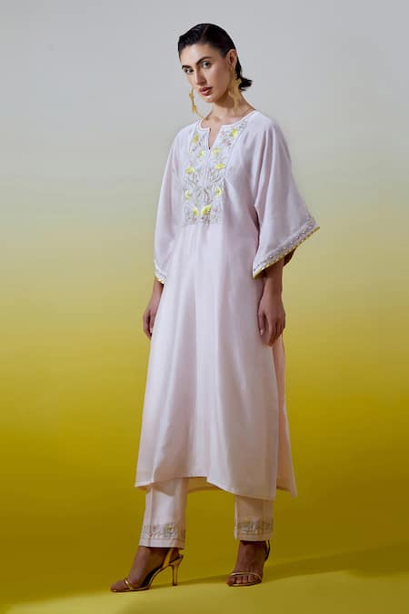 Anantaa By Roohi_Pink Chanderi Silk Sequins, Embroidery Split V-neck Kaftan Kurta With Pant _Online_at_Aza_Fashions