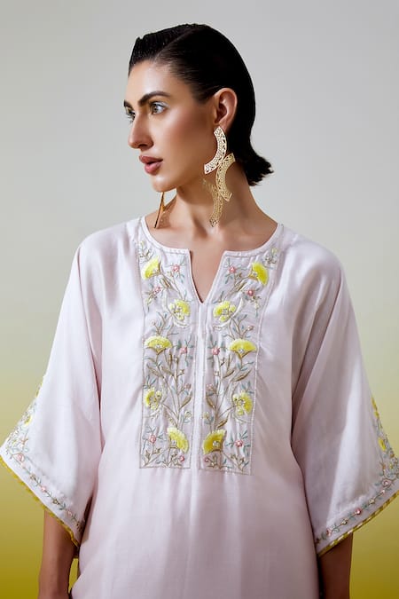 Anantaa By Roohi_Pink Chanderi Silk Sequins, Embroidery Split V-neck Kaftan Kurta With Pant _at_Aza_Fashions