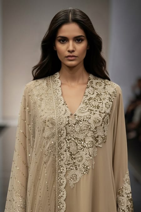 Nikita Mhaisalkar Off White Georgette, Silk Embroidery, Baroque Hand Work Kurta Salwar Set Online at Aza Fashions Nikita Mhaisalkar_Off White Georgette, Silk Embroidery, Baroque Hand Work Kurta Salwar Set _Online_at_Aza_Fashions