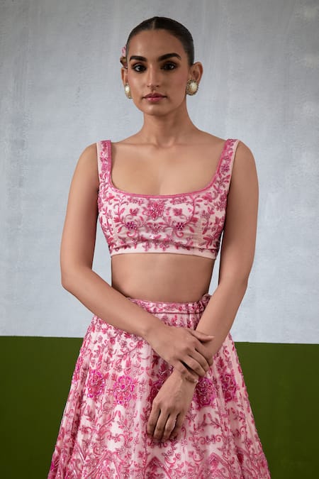 Buy_Ikshita Choudhary_Pink Organza Embroidery, Sequins Square Neck Hand Lehenga Set 
