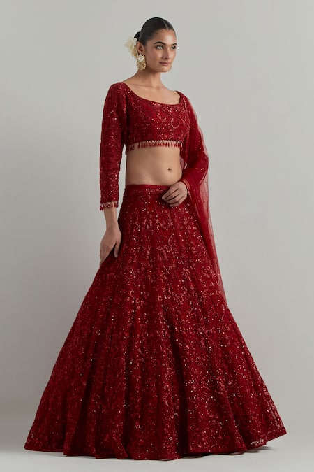 Buy Ikshita Choudhary Red Net Embroidery, Sequins, Tassels, Beads Square Hand Bridal Lehenga Set Online at Aza Fashions Buy_Ikshita Choudhary_Red Net Embroidery, Sequins, Tassels, Beads Square Hand Bridal Lehenga Set _Online_at_Aza_Fashions