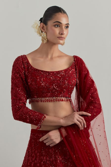 Shop Ikshita Choudhary Red Net Embroidery, Sequins, Tassels, Beads Square Hand Bridal Lehenga Set Online at Aza Fashions Shop_Ikshita Choudhary_Red Net Embroidery, Sequins, Tassels, Beads Square Hand Bridal Lehenga Set _Online_at_Aza_Fashions