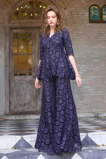 Buy Blue Polyester, Embroidery, V-neck Peplum Top For Women by