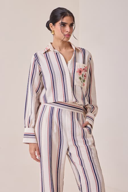 Needleten Striped Floral Embroidered Shirt 
