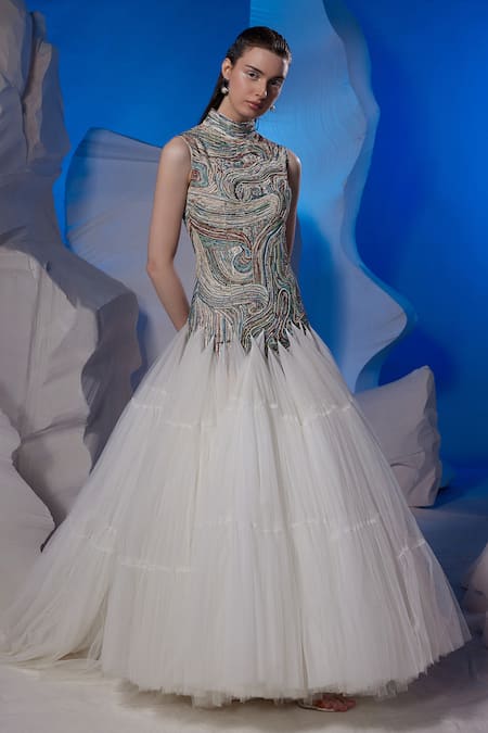 Samant Chauhan Embroidered High Neck Sleeveless Gown 