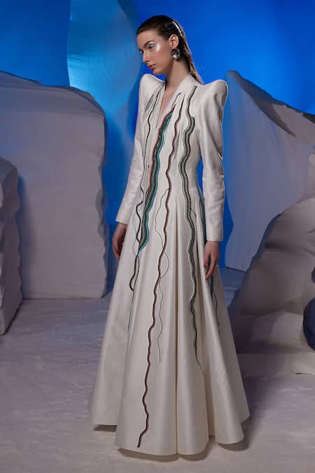 Buy_Samant Chauhan_Ivory Cotton, Silk Embroidery V-neck Wavy Thread Gown _Online_at_Aza_Fashions