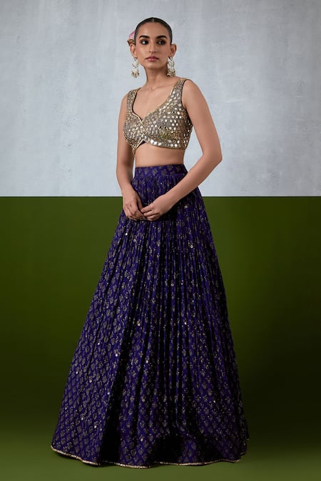 Ikshita Choudhary_Blue Chanderi Embroidery, Sequins, Mirrors, Foil Printed And Pleated Lehenga Set _Online_at_Aza_Fashions