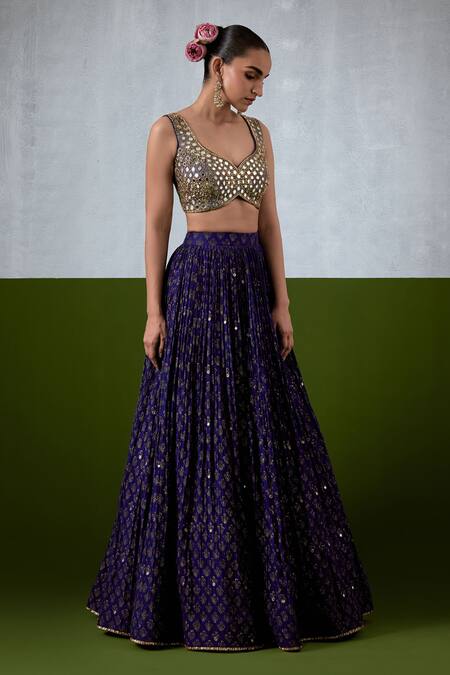 Buy_Ikshita Choudhary_Blue Chanderi Embroidery, Sequins, Mirrors, Foil Printed And Pleated Lehenga Set _Online_at_Aza_Fashions