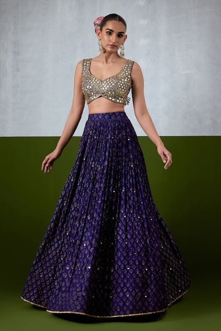 Shop_Ikshita Choudhary_Blue Chanderi Embroidery, Sequins, Mirrors, Foil Printed And Pleated Lehenga Set _Online_at_Aza_Fashions