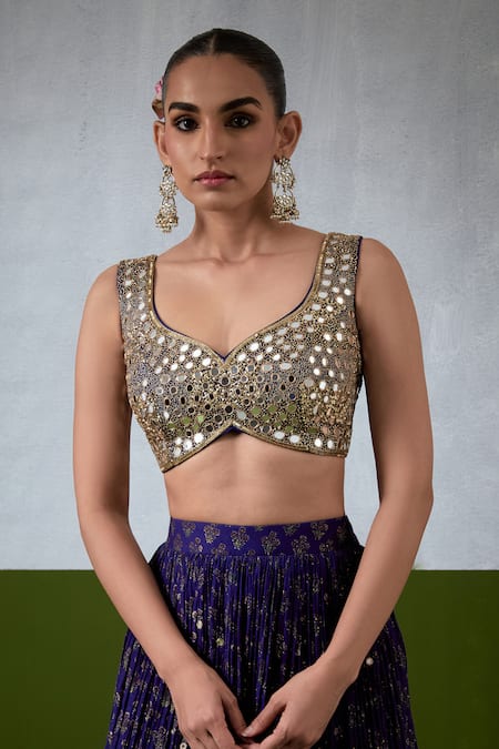 Buy_Ikshita Choudhary_Blue Chanderi Embroidery, Sequins, Mirrors, Foil Printed And Pleated Lehenga Set 