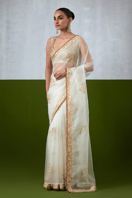 Ikshita Choudhary_White Organza, Chanderi Silk, Satin Embroidery, Zari, Hand Saree With Blouse _at_Aza_Fashions
