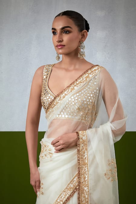 Buy_Ikshita Choudhary_White Organza, Chanderi Silk, Satin Embroidery, Zari, Hand Saree With Blouse 
