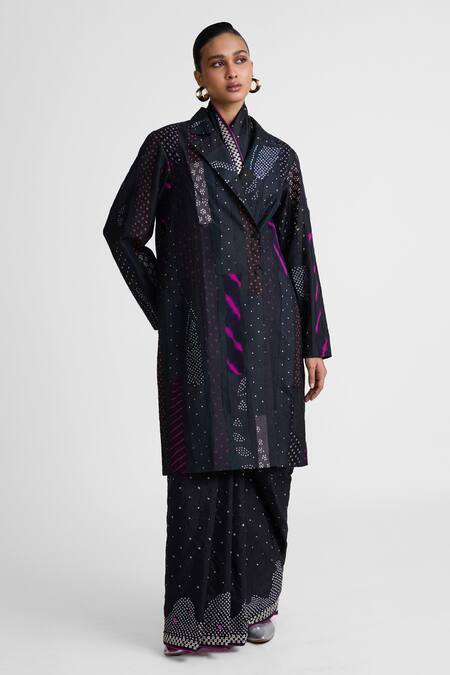 Naina Jain_Black Silk Embroidery Collared Printed Longline Jacket _at_Aza_Fashions