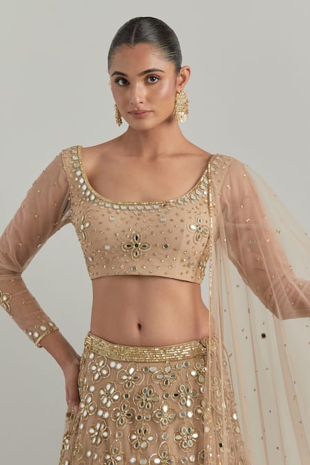 Ikshita Choudhary_Beige Net Mirrors, Embroidery, Sequins, Tassels Scoop Neck Hand Lehenga Set _Online_at_Aza_Fashions