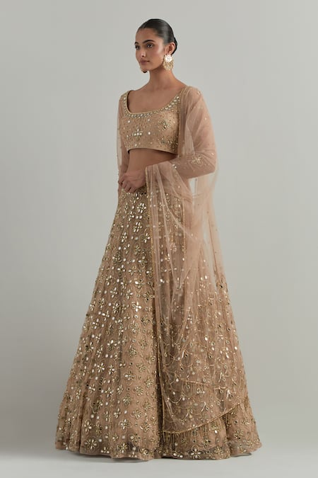 Buy_Ikshita Choudhary_Beige Net Mirrors, Embroidery, Sequins, Tassels Scoop Neck Hand Lehenga Set _Online_at_Aza_Fashions