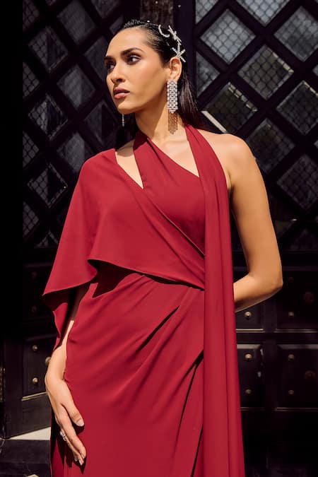 Buy_Supria Munjal_Wine Crepe Asymmetric, One Shoulder, Halter Neck High Slit Draped Gown _Online_at_Aza_Fashions