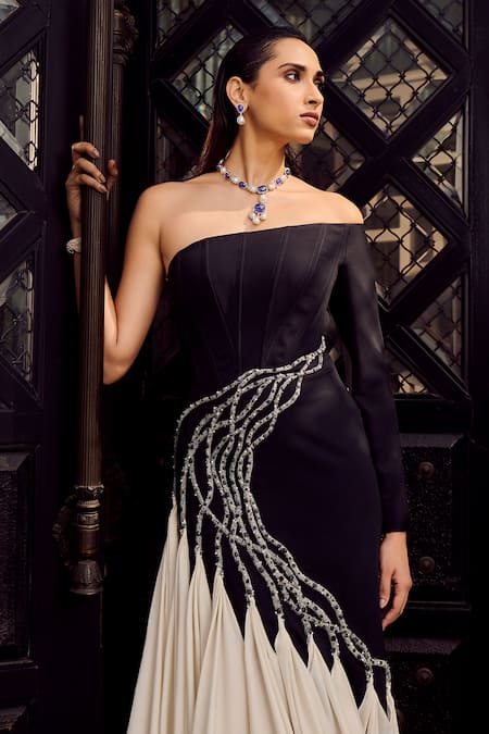 Buy_Supria Munjal_Black Crepe Beads Off-shoulder Off Corset Gown _Online_at_Aza_Fashions