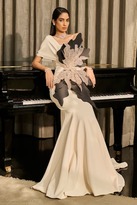 Buy_Supria Munjal_Ivory Crepe Applique, Metallic Thread One Shoulder Draped Gown _Online_at_Aza_Fashions