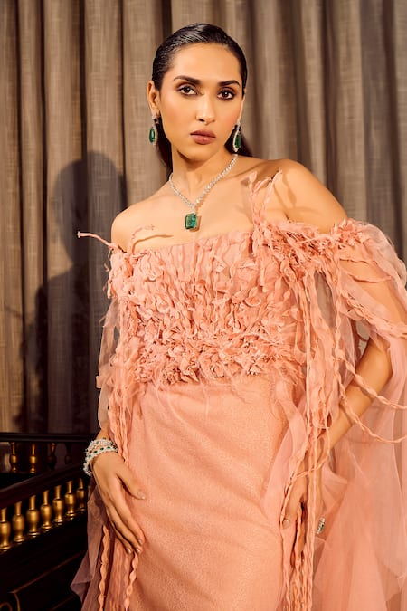 Supria Munjal_Pink Tulle Ruffles, Fabric Flowers Off-shoulder Off Sheath Dress _Online_at_Aza_Fashions