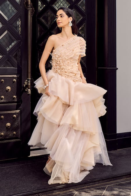 Supria Munjal_Ivory Tulle One Shoulder Asymmetric Sheer Draped Gown _Online_at_Aza_Fashions