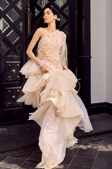 Buy_Supria Munjal_Ivory Tulle One Shoulder Asymmetric Sheer Draped Gown _Online_at_Aza_Fashions
