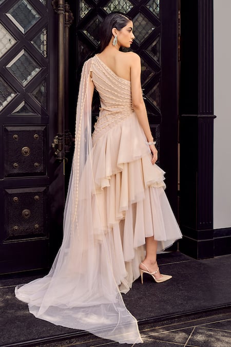 Supria Munjal Asymmetric Sheer Draped Gown 