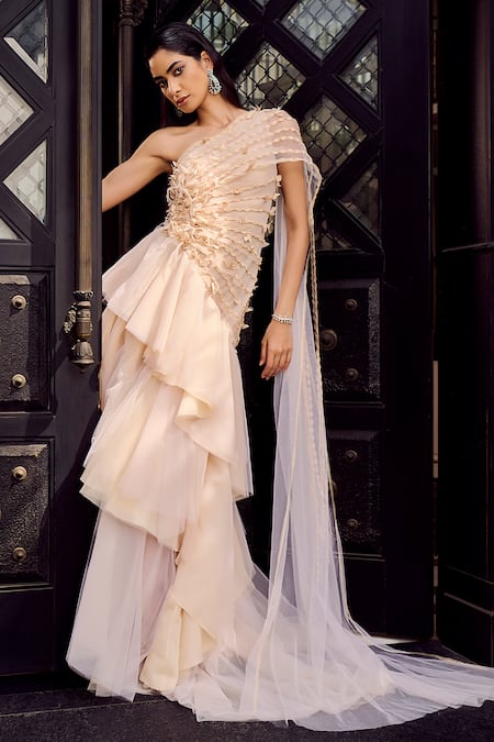 Supria Munjal Asymmetric Sheer Draped Gown 