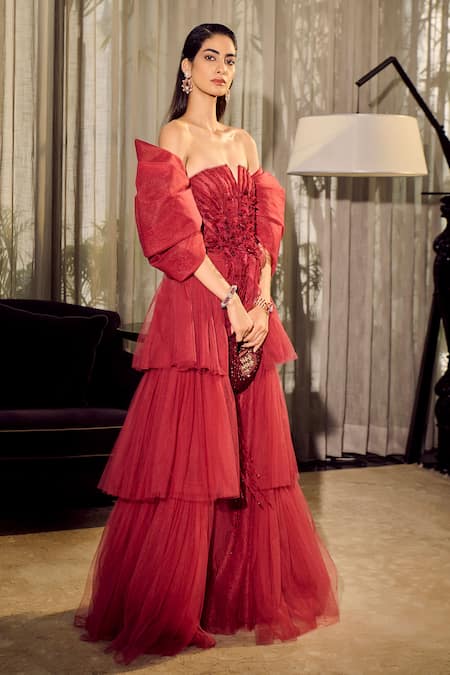 Supria Munjal Wine Tulle Sweetheart Neck, Off-shoulder Off Layered Gown Online at Aza Fashions Supria Munjal_Wine Tulle Sweetheart Neck, Off-shoulder Off Layered Gown _Online_at_Aza_Fashions