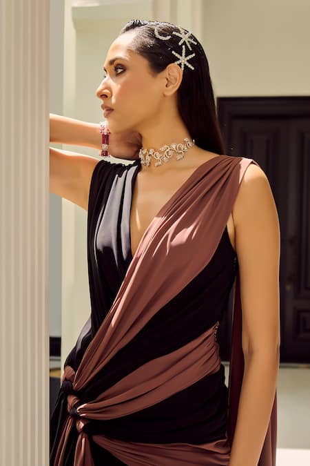 Buy_Supria Munjal_Black Crepe V-neck Knotted Draped Gown _Online_at_Aza_Fashions