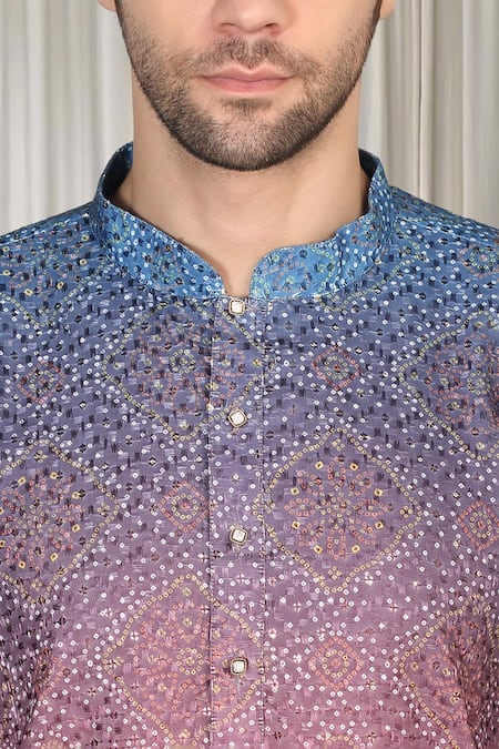 Aham-Vayam_Coral Cotton Sequins Ombre Bandhani Embroidered Kurta And Pant Set _Online_at_Aza_Fashions